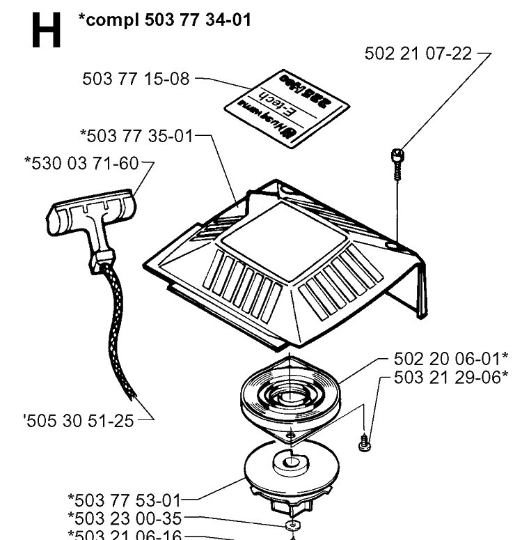 Starter Diagram and Parts List for 225HBV 19970500001-20000100000 Husqvarna Leaf Blower / Vacuum
