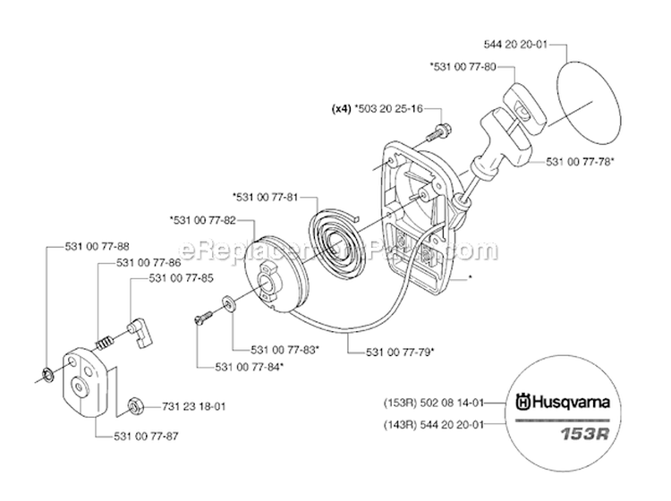 Starter Diagram and Parts List for 143R 2007-01 Husqvarna Brush Cutter