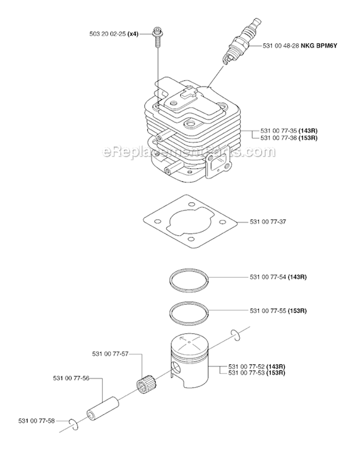 Cylinder Piston Diagram and Parts List for 143R 2007-01 Husqvarna Brush Cutter