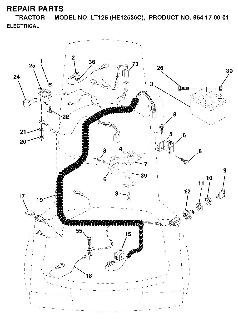 Electrical Diagram and Parts List for LT125 (HE12536C, 954170001)(1996-01) Husqvarna Lawn Tractor
