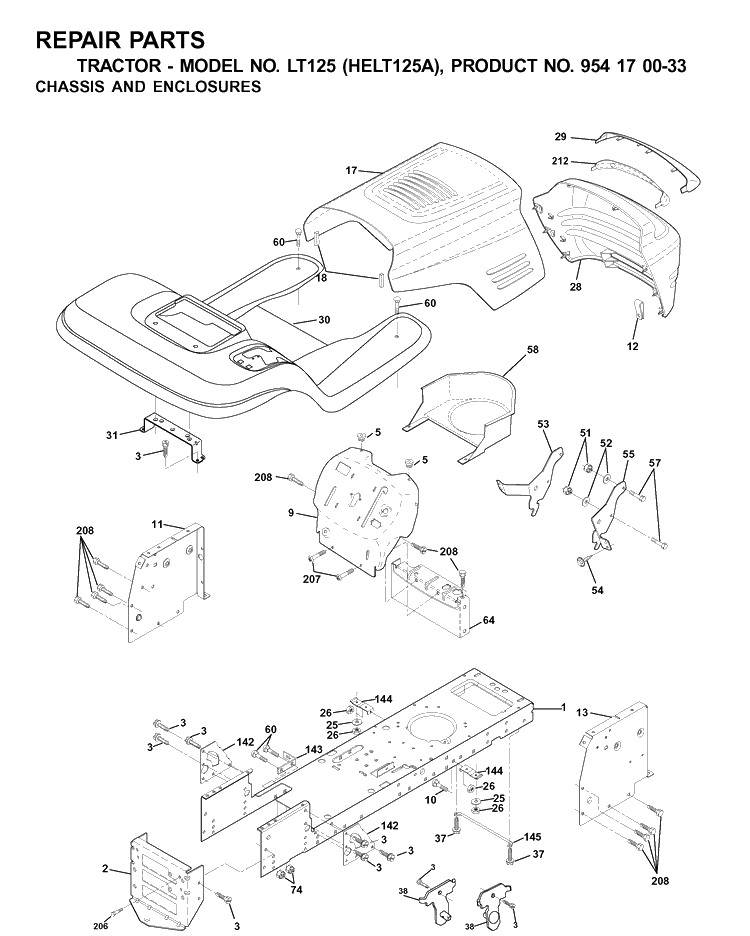 Chassis And Enclosures Diagram and Parts List for LT125 (HELT125A)(2001-01) Husqvarna Lawn Tractor