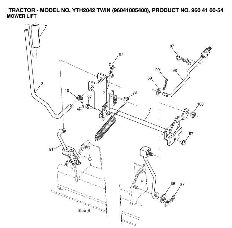 Mower Lift / Deck Lift Diagram and Parts List for YTH2042 (96041005400)(2007-04) Husqvarna Lawn Tractor