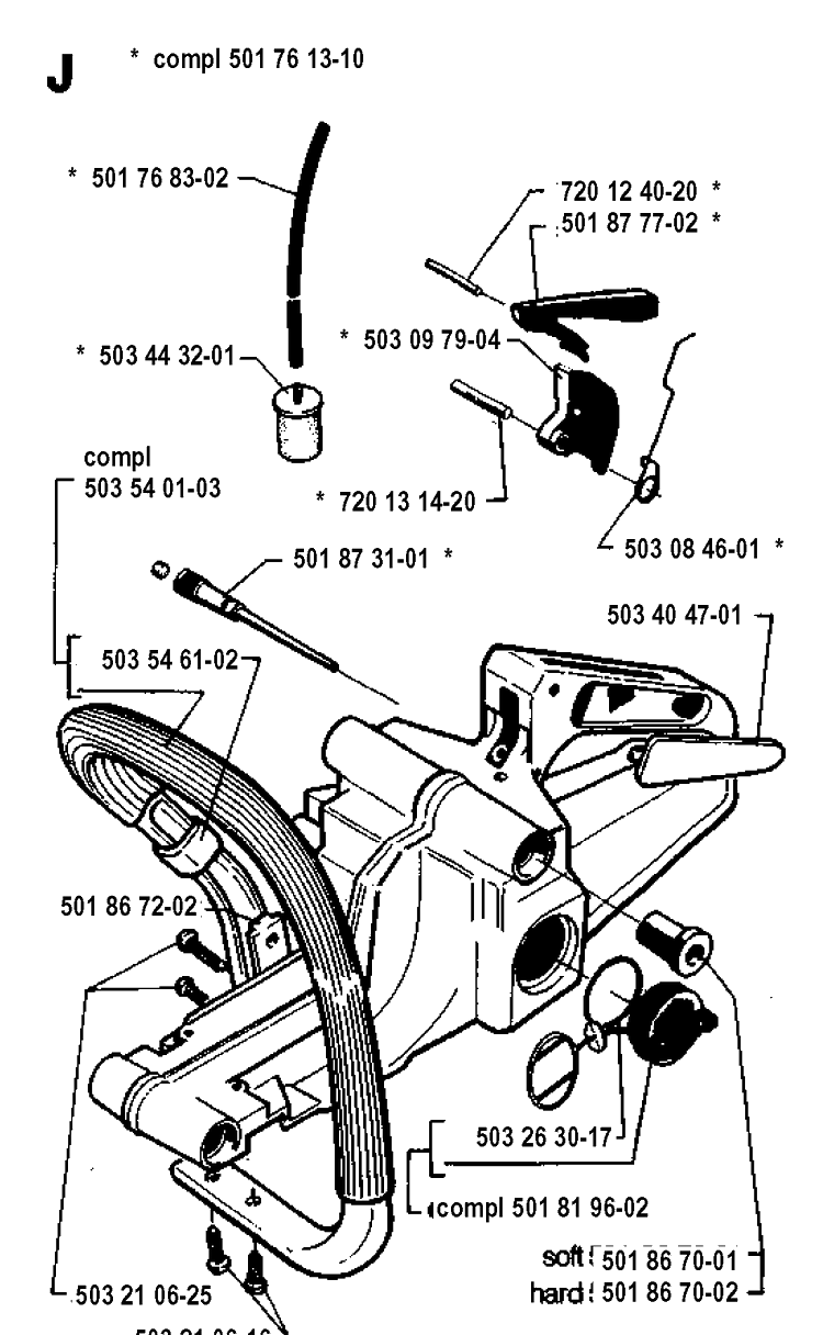 Fuel Tank And Handle Diagram and Parts List for 257 19942300001-19960100000 Husqvarna Chainsaw