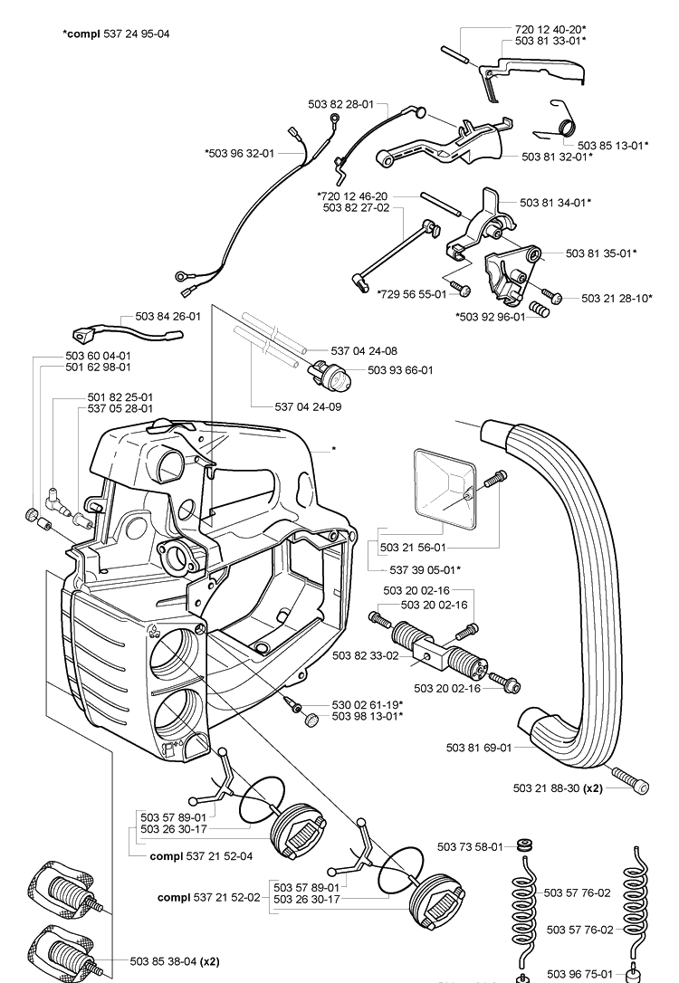 Tank/Housing/Handles Diagram and Parts List for 338XPT 2005-03 Husqvarna Chainsaw