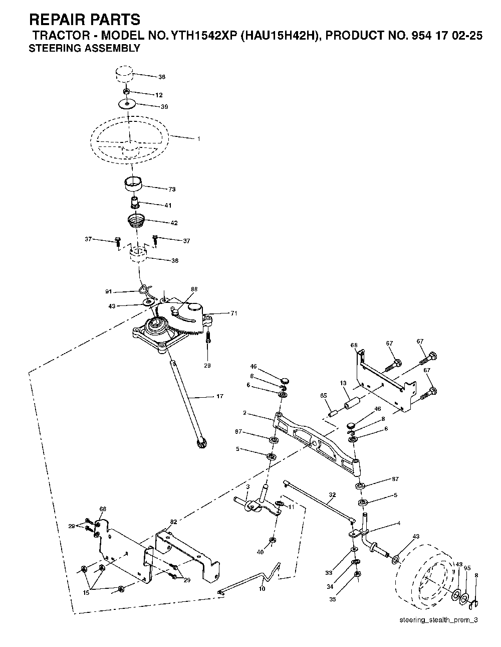 Steering Diagram and Parts List for YTH1542XP (HAU15H42H, 954170225)(2004-09) Husqvarna Lawn Tractor
