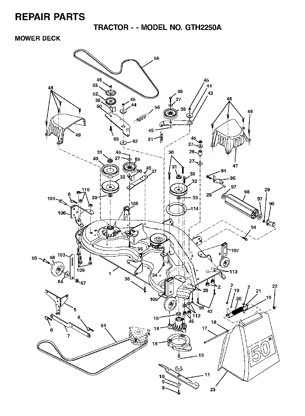 Mower Deck / Cutting Deck Diagram and Parts List for GTH2250A (954567093)(2001-04) Husqvarna Lawn Tractor