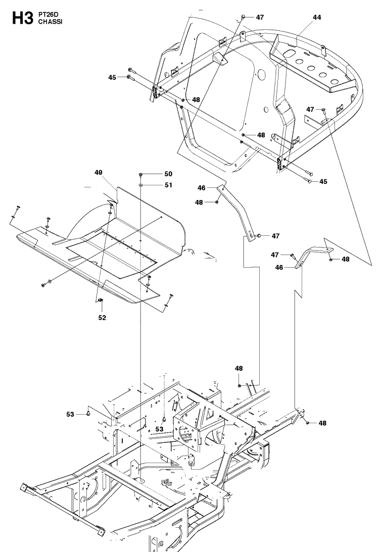 Chassis And Enclosures Diagram and Parts List for PT26D  Husqvarna Lawn Mower