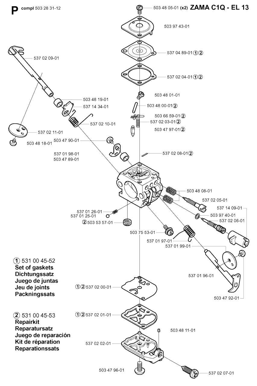 Carburetor Details Diagram and Parts List for 325HDA55X 20011800001 - 20040100000 Husqvarna Hedge Trimmer