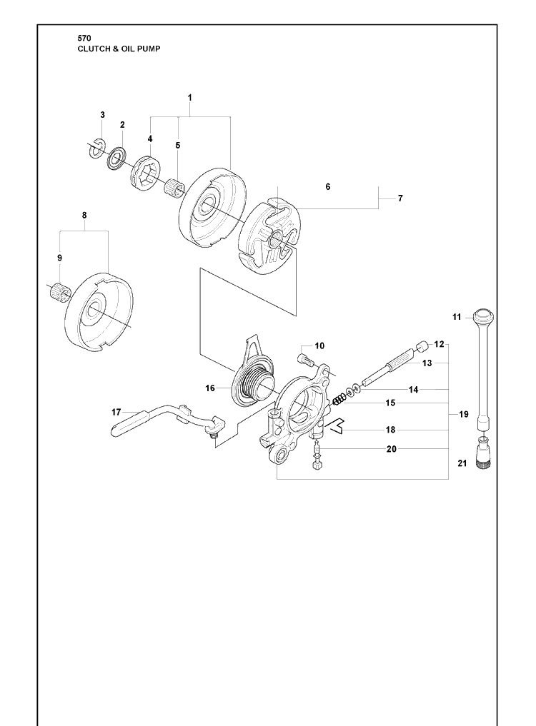 Clutch And Oil Pump Diagram and Parts List for 570 2009-08 Husqvarna Chainsaw
