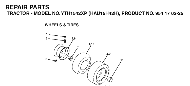 Wheels And Tires Diagram and Parts List for YTH1542XP (HAU15H42H)(2004-09) Husqvarna Lawn Tractor