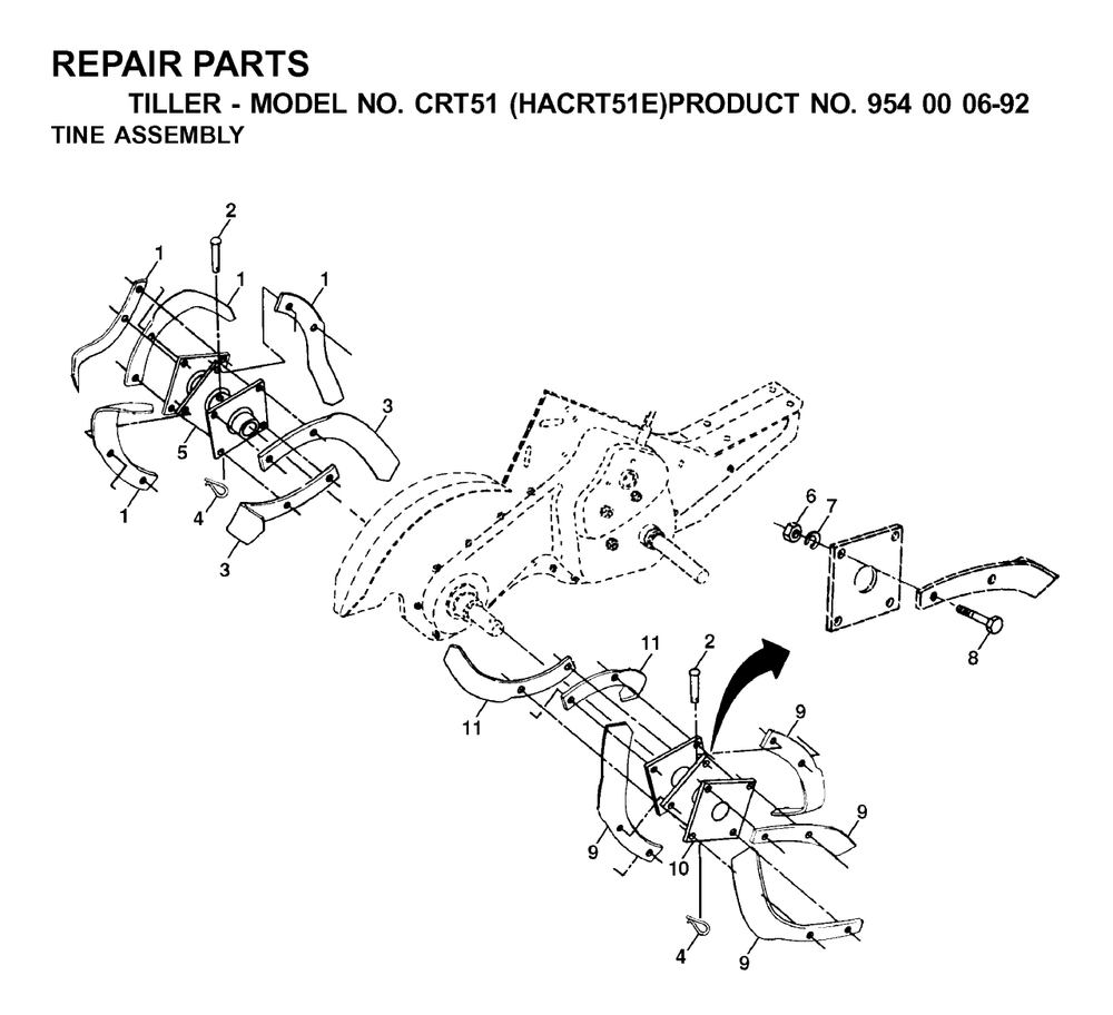 Tine Assembly Diagram and Parts List for CRT51 (954000692-E)(2003-01) Husqvarna Tiller