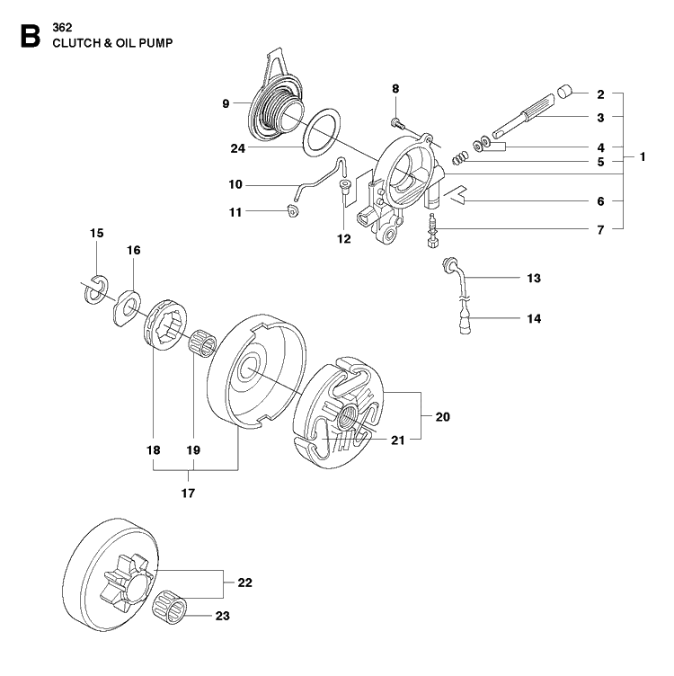 Clutch Oil Pump Diagram and Parts List for 362 2011-02 Husqvarna Chainsaw