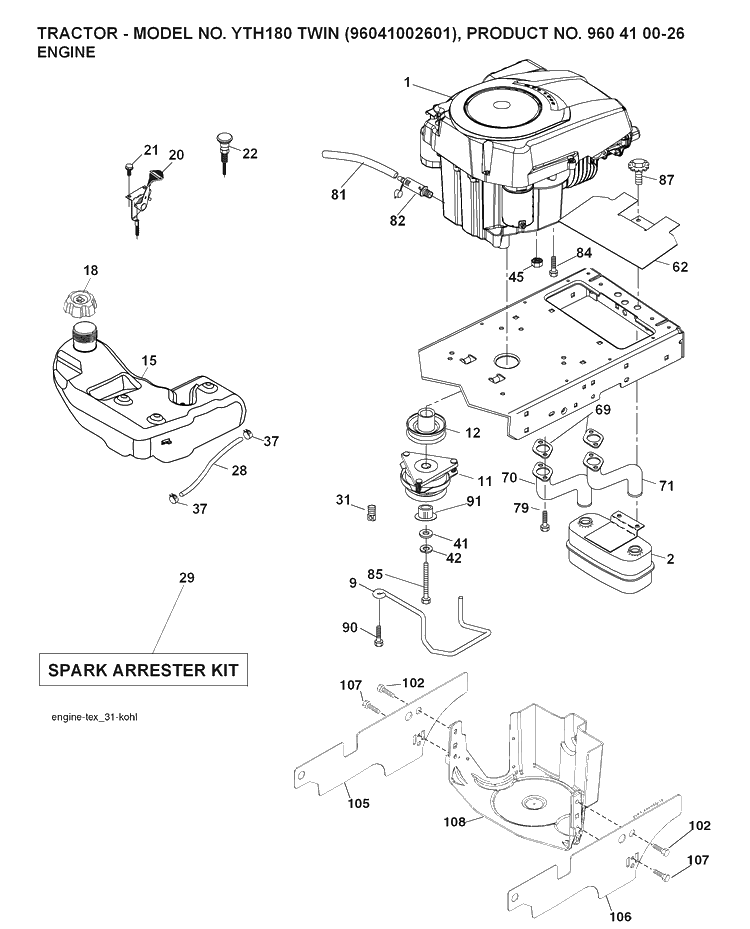 Engine Diagram and Parts List for YTH180 (96041002601)(2007-09) Husqvarna Lawn Tractor