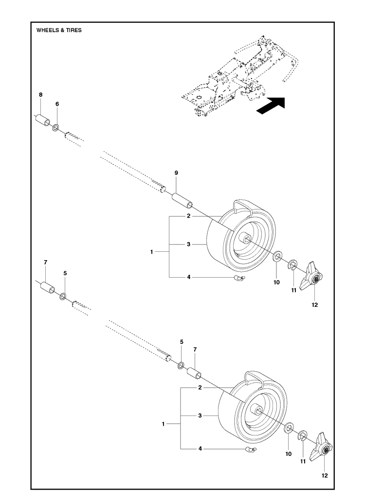 Wheels And Tires Diagram and Parts List for R216T AWD Husqvarna Lawn Mower