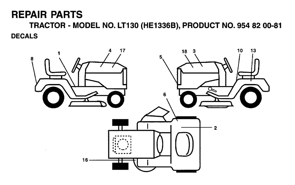 Decals Diagram and Parts List for LT130 (954820081-B)(1996-01) Husqvarna Lawn Tractor