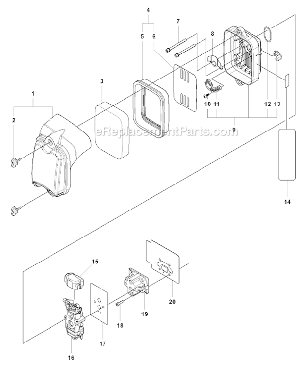 Carburetor  Air Filter Diagram and Parts List for 150BT 2007-05 Husqvarna Leaf Blower / Vacuum