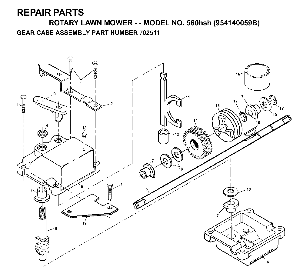 Gear Case Diagram and Parts List for 560HSH (954140059B, 702511)(1998-10) Husqvarna Lawn Mower