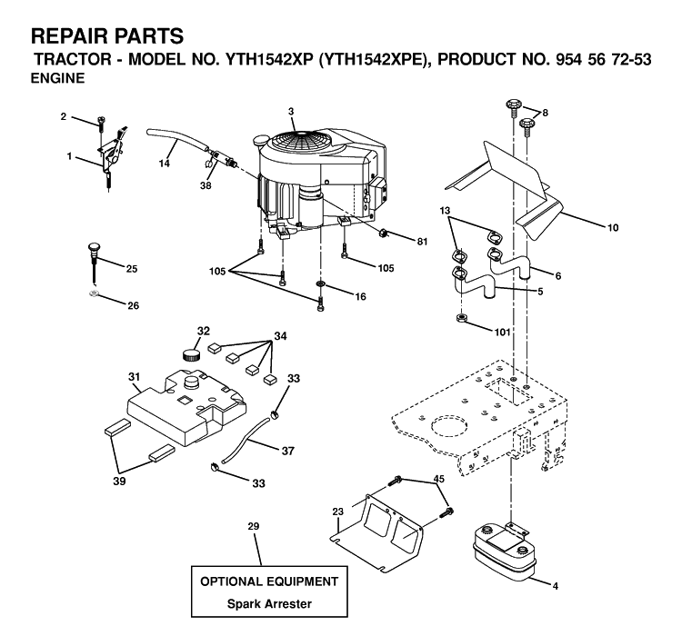 Engine Diagram and Parts List for YTH1542XP (954567253)(2002-02) Husqvarna Lawn Tractor