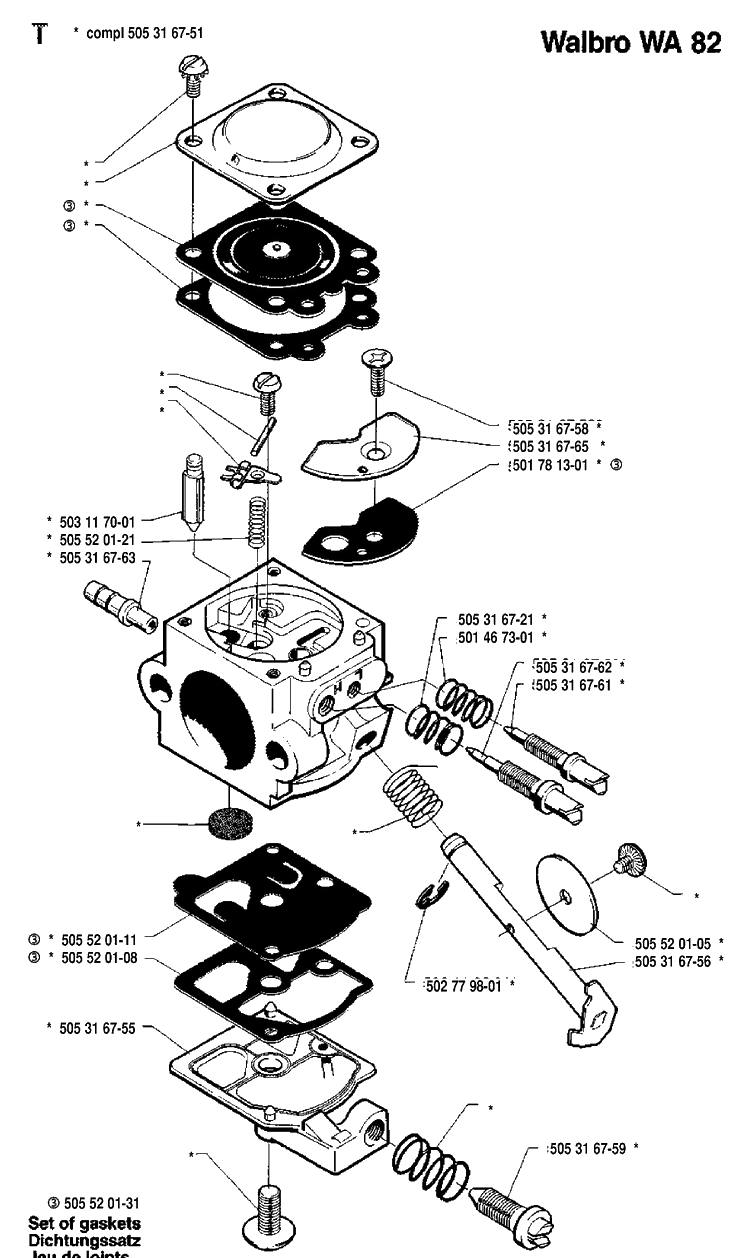 Carburetor Details Diagram and Parts List for 55 19914000001-19942300000 Husqvarna Chainsaw