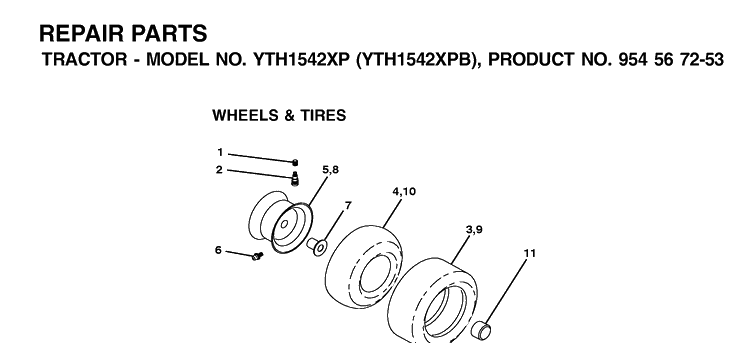 Wheels And Tires Diagram and Parts List for YTH1542XP (954567253)(2001-11) Husqvarna Lawn Tractor