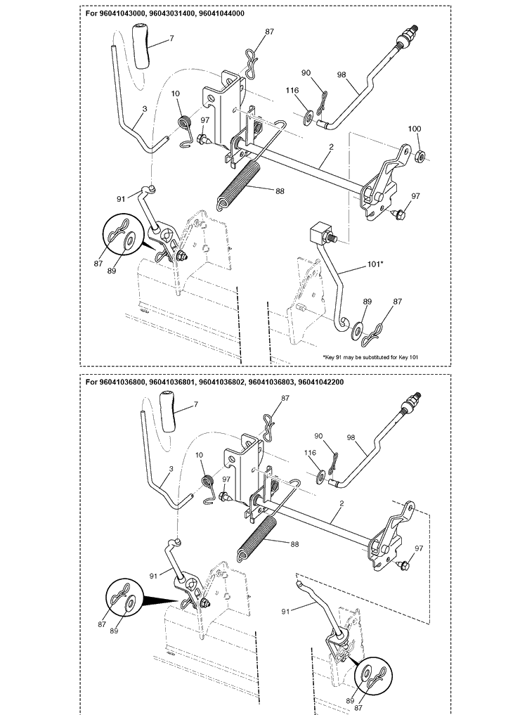 Mower Lift / Deck Lift Diagram and Parts List for TS142  Husqvarna Lawn Tractor