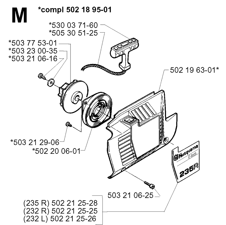 Starter Diagram and Parts List for 235R 19970500001-19980100000 Husqvarna Brush Cutter