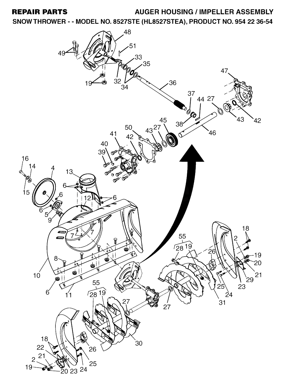 Auger Housing And Impeller Diagram and Parts List for 8527STE (954223654-A)(2004-03) Husqvarna Snow Blower