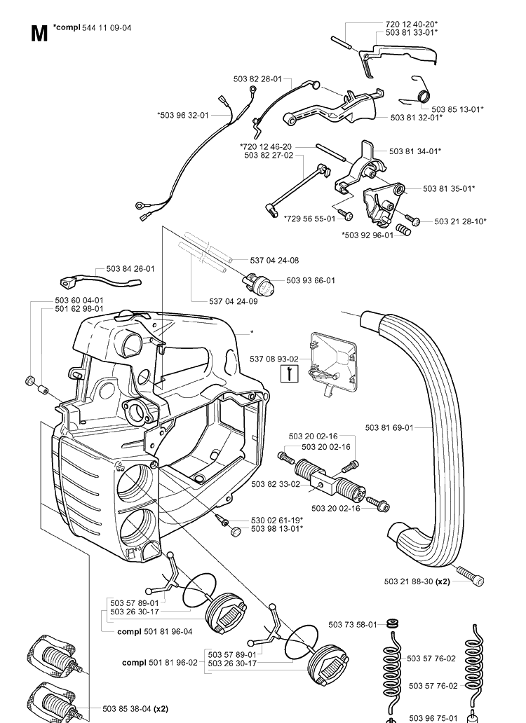 Fuel Tank And Handle Diagram and Parts List for 338XPT 20031800001-20034400000 Husqvarna Chainsaw