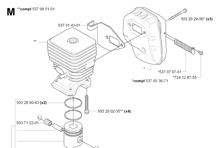 Cylinder, Piston And Muffler Diagram and Parts List for 326HE3 (X-SERIES)(20090900001-Current) Husqvarna Hedge Trimmer
