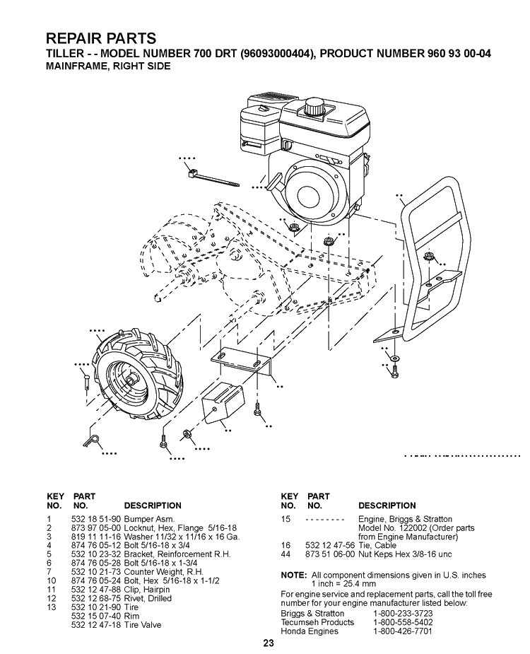 Mainframe, Right Side Diagram and Parts List for 700DRT 2008-11 Husqvarna Cultivator