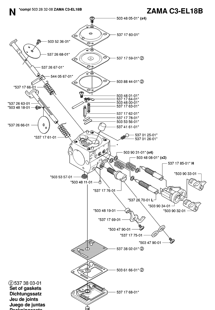 Carburetor Diagram and Parts List for 346XP 20070500001-20071300000 Husqvarna Chainsaw