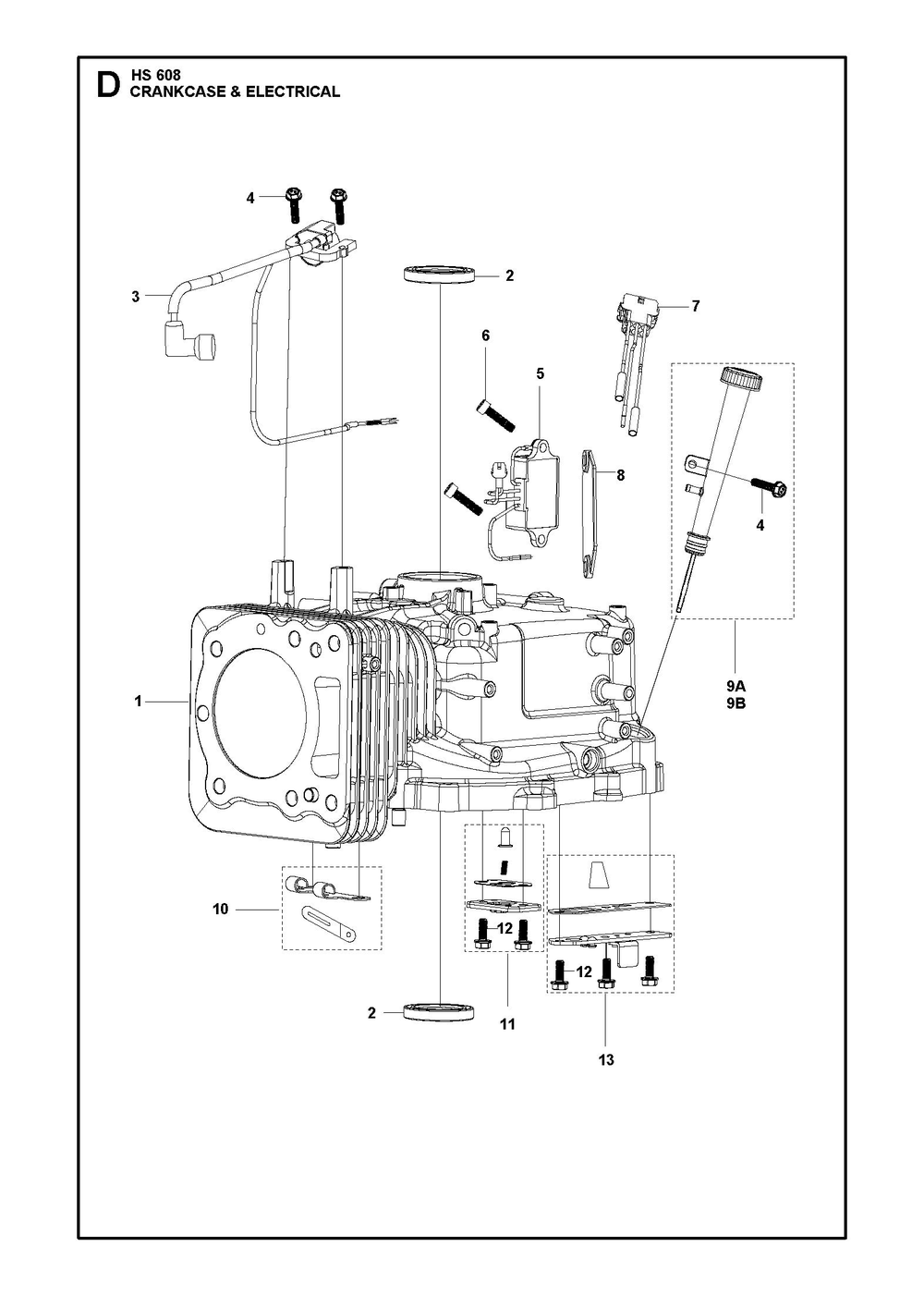 Crankcase And Electrical Diagram and Parts List for HS608  Husqvarna Engine