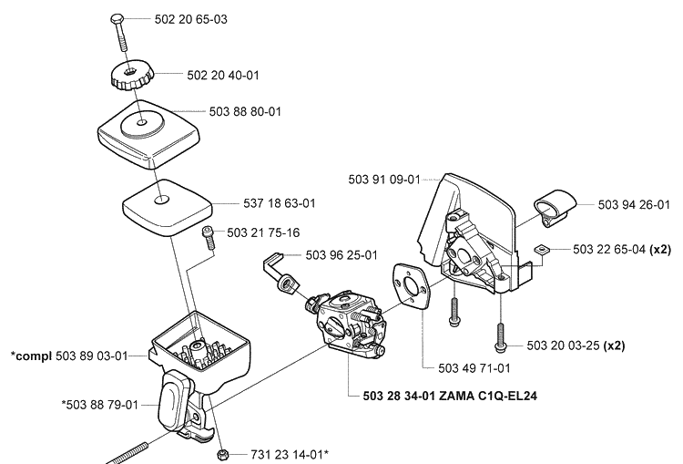 Air Filter/Carburetor Diagram and Parts List for 325RDX 2005-05 Husqvarna Brush Cutter