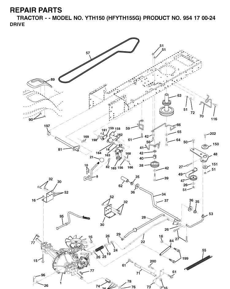 Drive Diagram and Parts List for YTH150 (HFYTH155G)(2001-01) Husqvarna Lawn Tractor