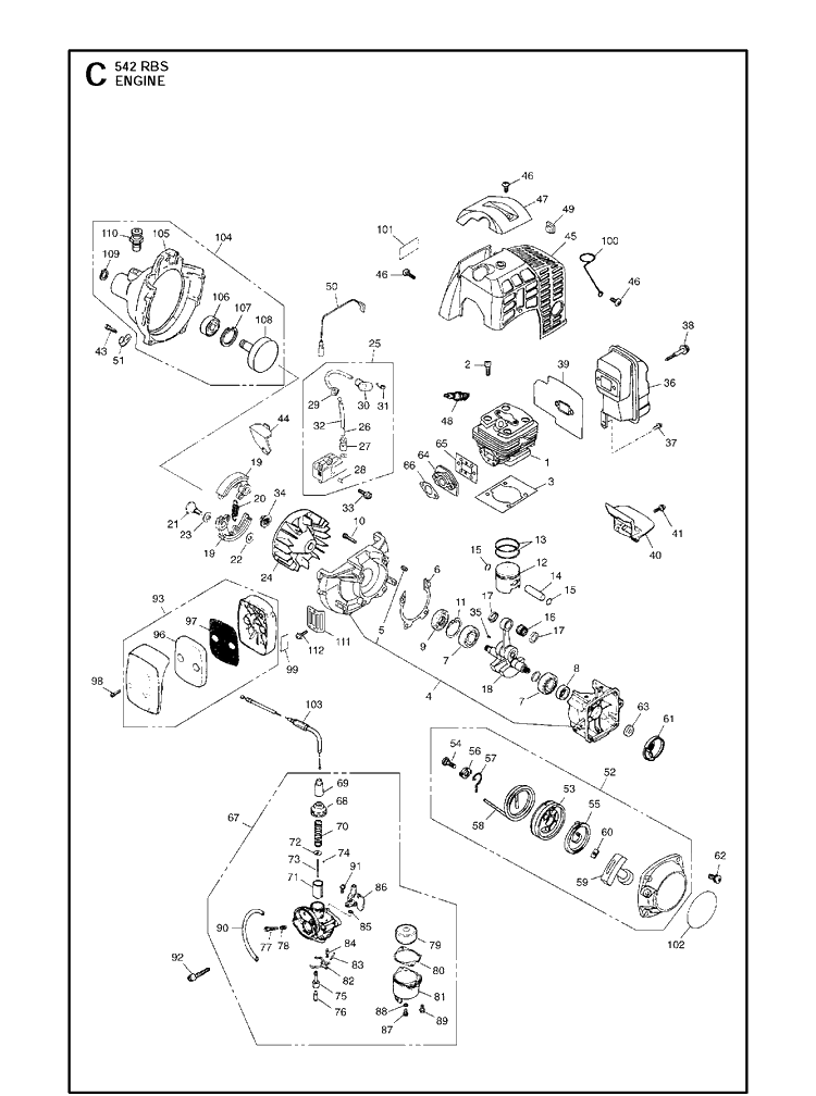 Engine Diagram and Parts List for 542RBS 20154700001-current Husqvarna Brush Cutter