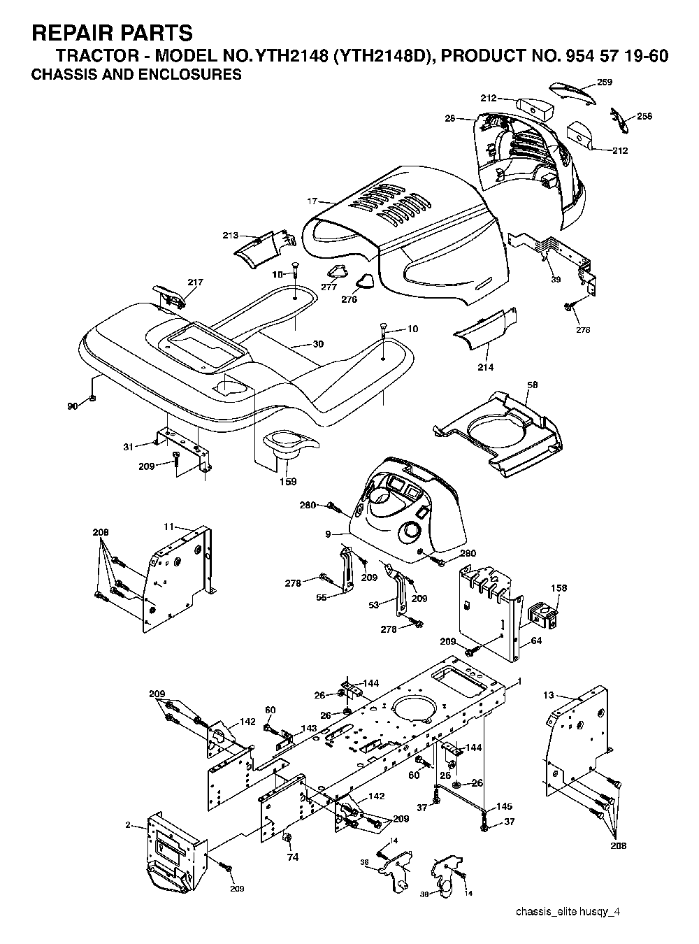Chassis And Enclosures Diagram and Parts List for YTH2148D (954571960)(2004-04) Husqvarna Lawn Tractor