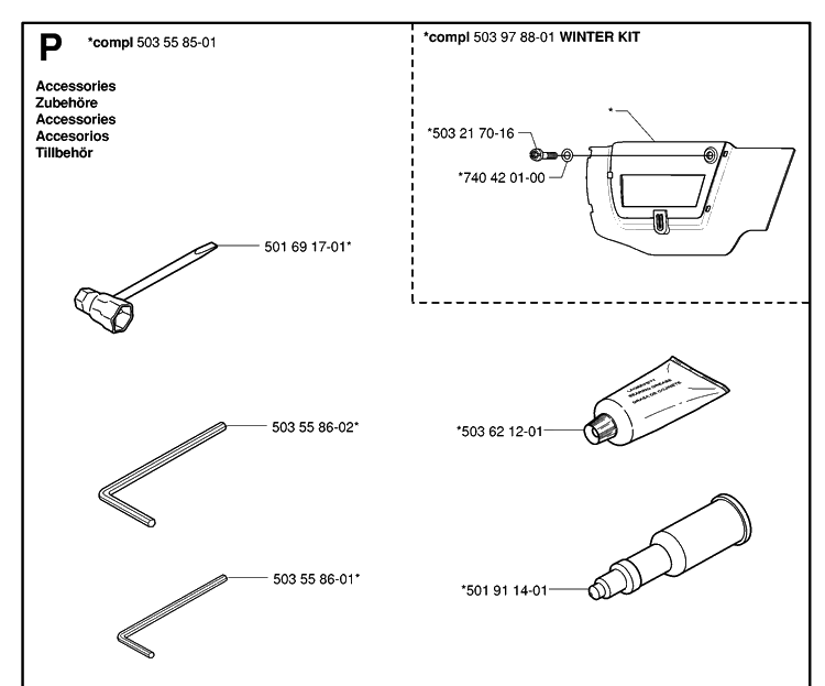 Accessories Diagram and Parts List for 359 20010100001-20014000000 Husqvarna Chainsaw