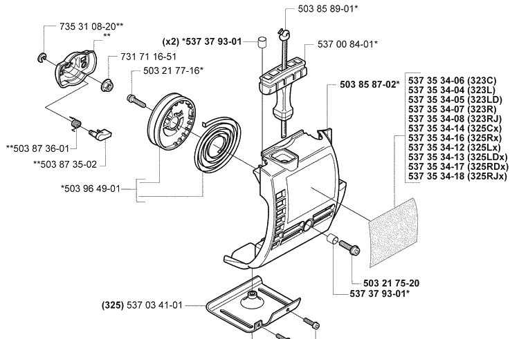 Starter Assembly 2 Diagram and Parts List for 325RDX 2005-05 Husqvarna Brush Cutter