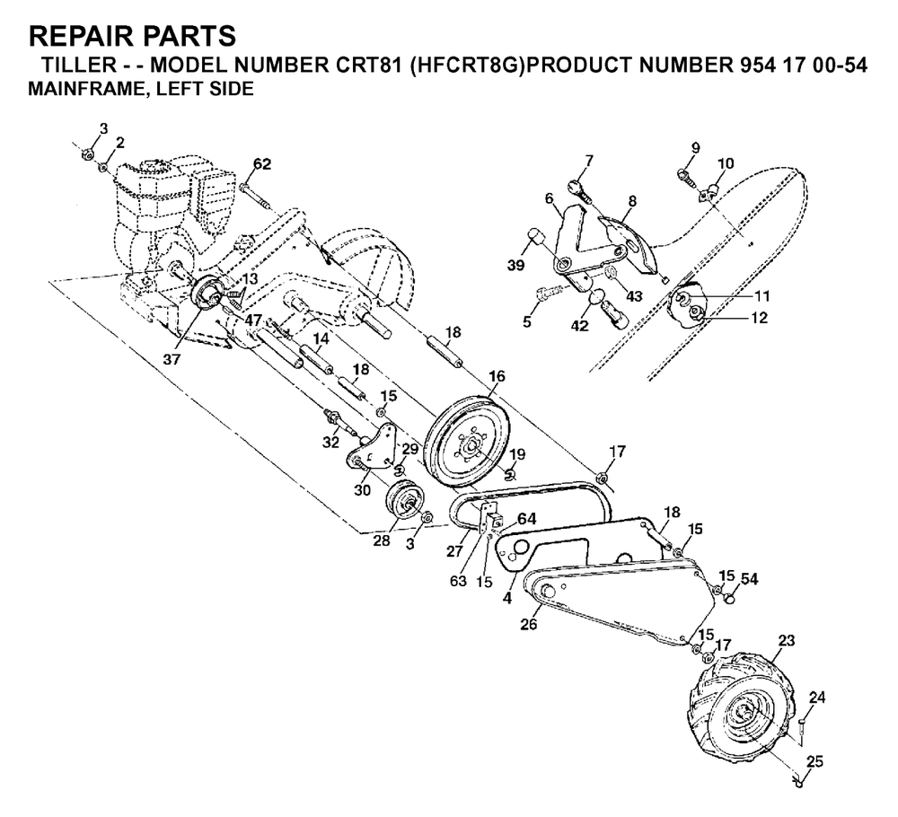 Mainframe, Left Side Diagram and Parts List for CRT81 (954170054-G)(2003-01) Husqvarna Tiller