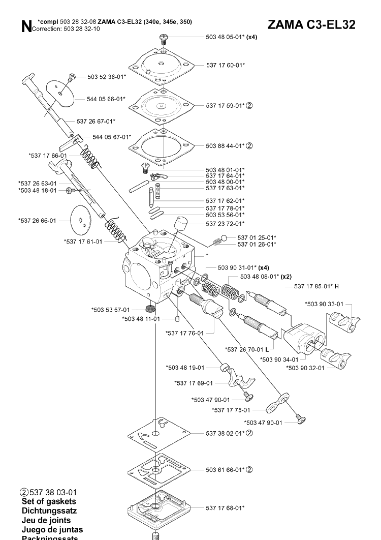 Carburetor Details Diagram and Parts List for 340E 20051800001-20062300000 Husqvarna Chainsaw