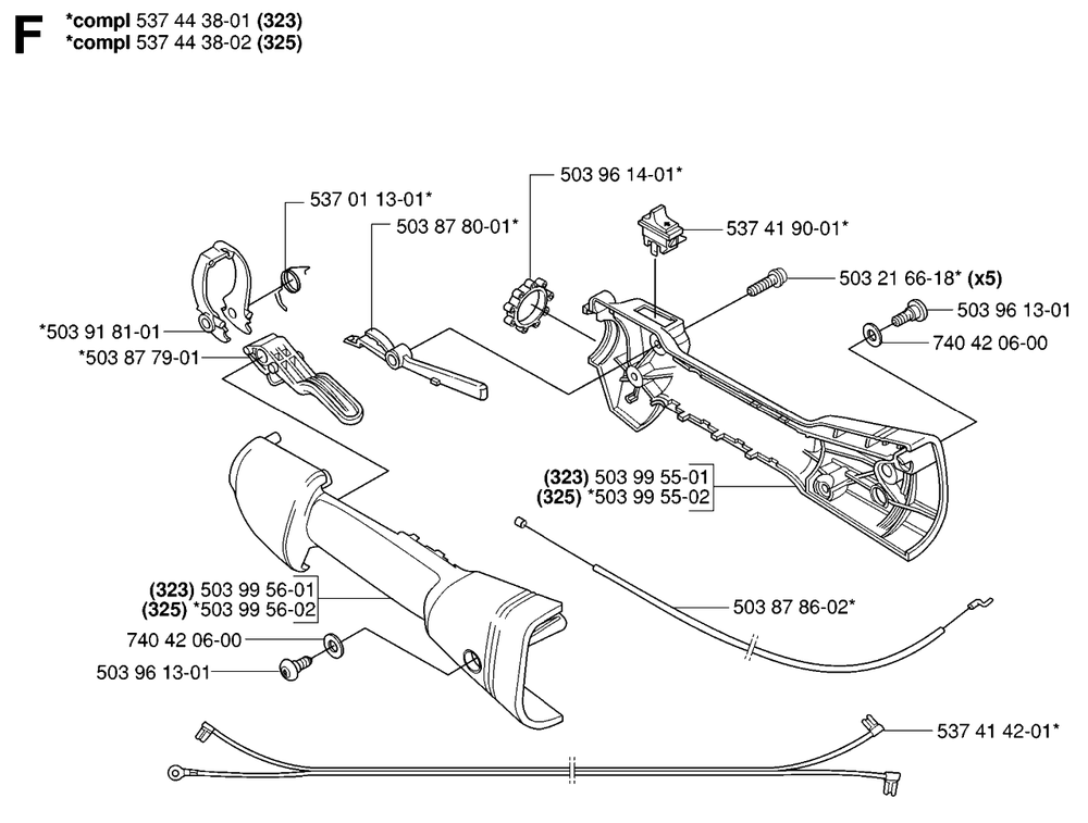 Handle And Controls Diagram and Parts List for 325HDA55X 20053600001 - 20054000000 Husqvarna Hedge Trimmer