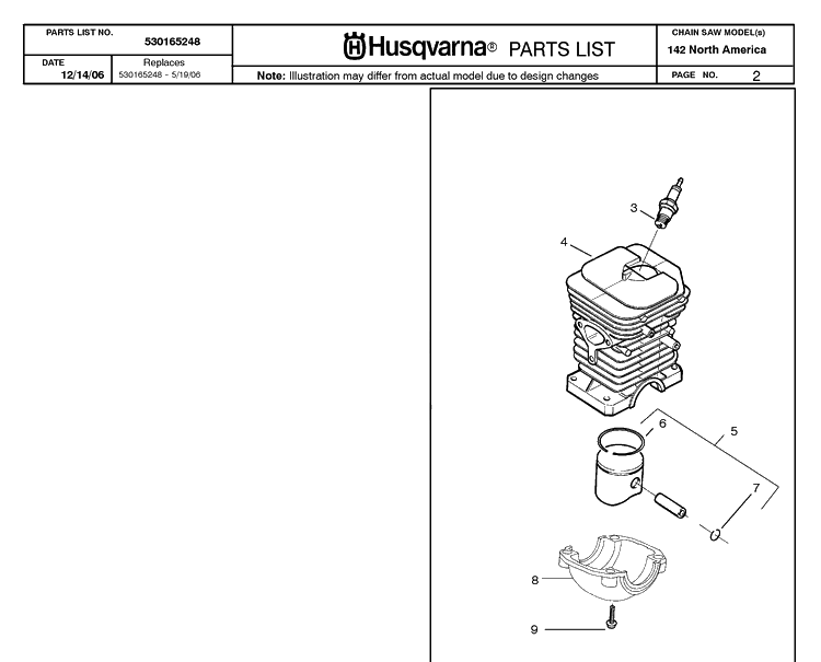 Cylinder Piston Diagram and Parts List for 142 20064900001-20070100000 Husqvarna Chainsaw
