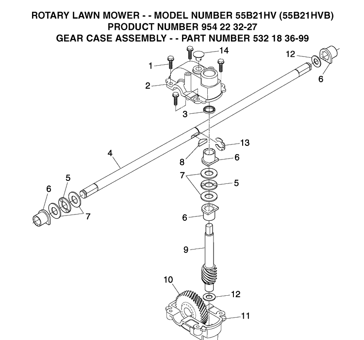 Gear Case Diagram and Parts List for 55B21HV (954223227)(2003-12) Husqvarna Lawn Mower