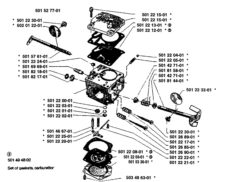 Carburetor Parts Diagram and Parts List for 61 1989-02 Husqvarna Chainsaw