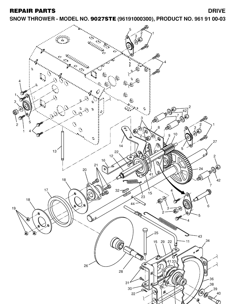 Drive Diagram and Parts List for 9027STE (96191000300)(2005-10) Husqvarna Snow Blower