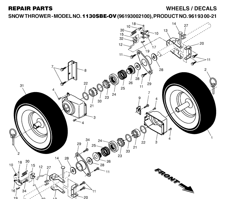 Wheels And Tires Diagram and Parts List for 1130SBEOV (961930021)(2006-09) Husqvarna Snow Blower