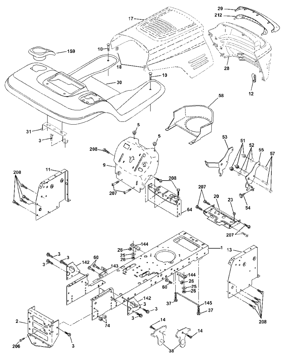 Chassis And Enclosures Diagram and Parts List for YTH1542XP (954567253-D)(2001-12) Husqvarna Lawn Tractor