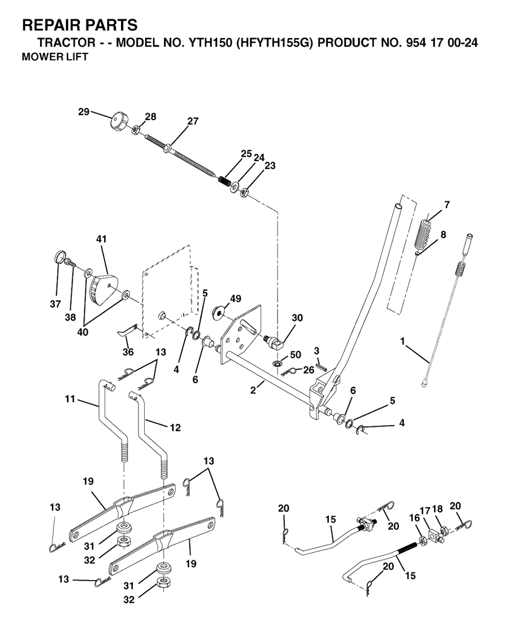 Mower Lift / Deck Lift Diagram and Parts List for YTH150 (954170024-G)(2001-01) Husqvarna Lawn Tractor