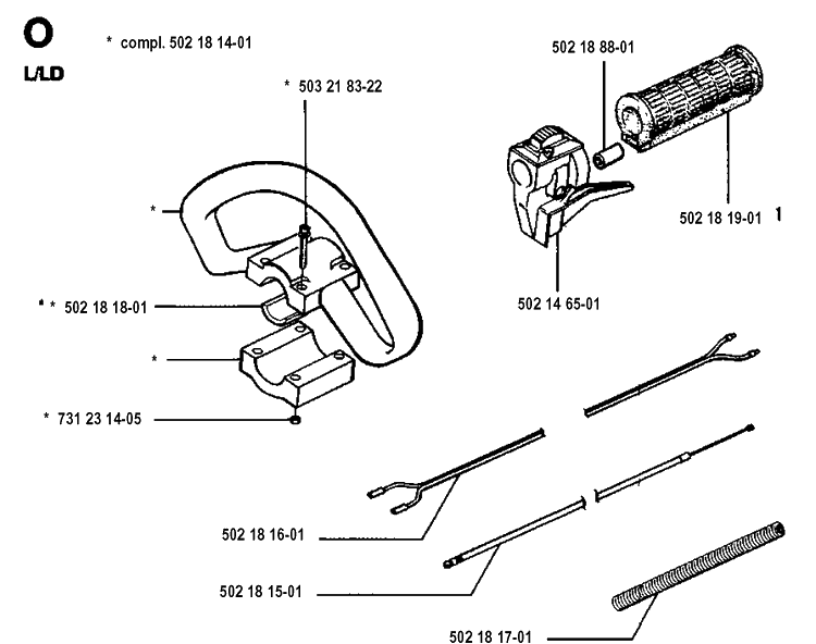 Handle And Controls Diagram and Parts List for 125L 19931400001-20053600000 Husqvarna Edger