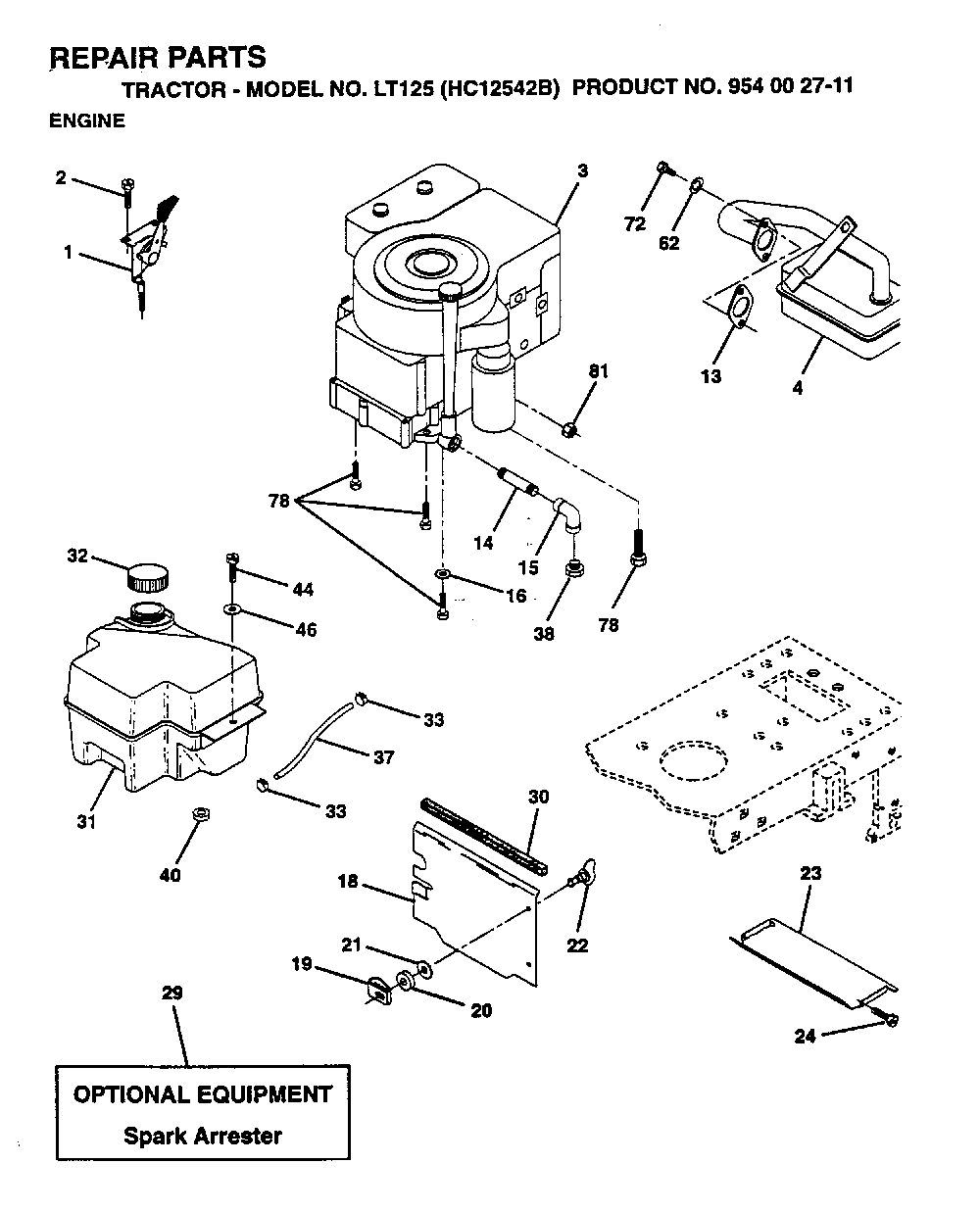 Engine Diagram and Parts List for LT125 (HC12542B, 954002711)(1995-01) Husqvarna Lawn Tractor